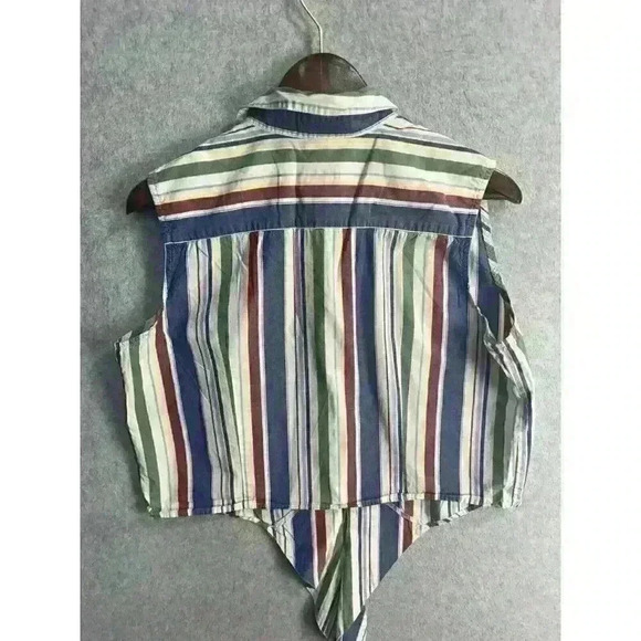 90s Striped Vintage Talbots Button Up Shirt Crop Top Sleeveless Tie Front Sz L - Picture 3 of 8